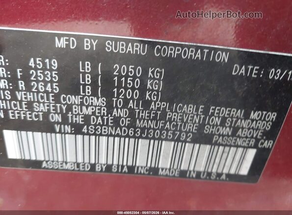 4S3BNAD63J3035792 2018 SUBARU LEGACY Burgundy 