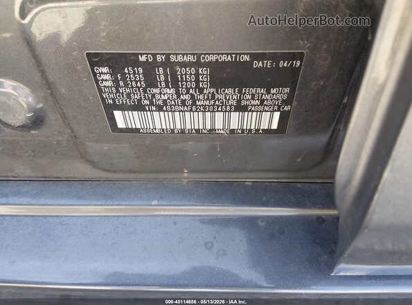 4S3BNAF62K3034583 2019 SUBARU LEGACY Gray Շարժիչի բաժամունքի տեսք