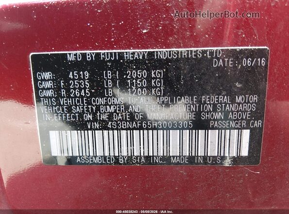 4S3BNAF65H3003305 2017 SUBARU LEGACY Red Engine compartment view