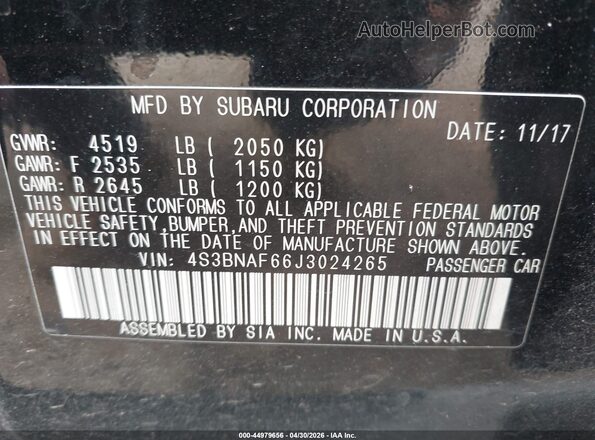 4S3BNAF66J3024265 2018 SUBARU LEGACY Black ძრავის განყოფილების ხედი