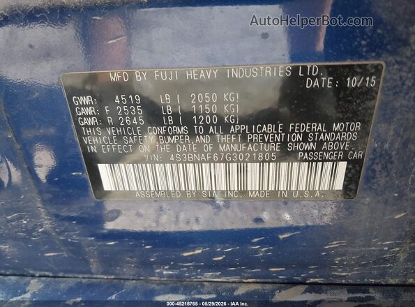 4S3BNAF67G3021805 2016 SUBARU LEGACY Blue 