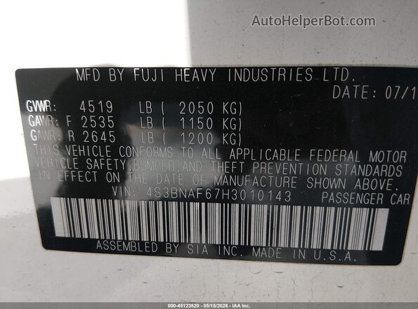4S3BNAF67H3010143 2017 SUBARU LEGACY White Շարժիչի բաժամունքի տեսք