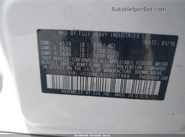4S3BNAL65G3037988 2016 SUBARU LEGACY Белый Вид подкапотного пространства