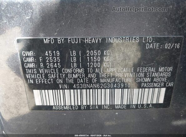 4S3BNAN62G3043910 2016 SUBARU LEGACY Gray 