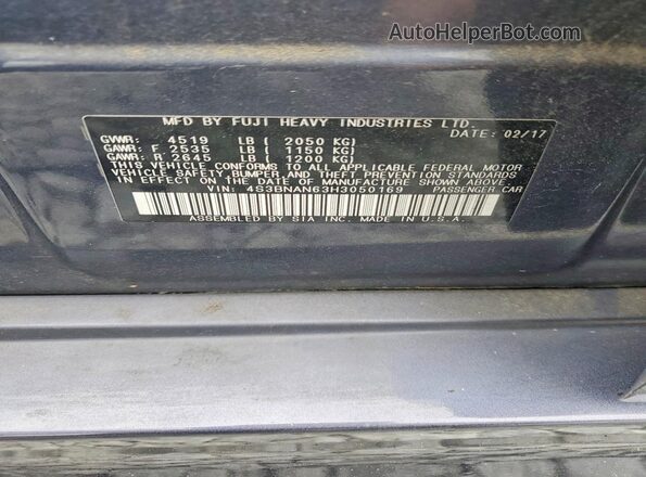 4S3BNAN63H3050169 2017 SUBARU LEGACY Gray 