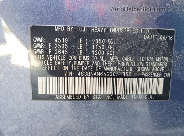 4S3BNAN65G3051855 2016 SUBARU LEGACY Blue Engine compartment view