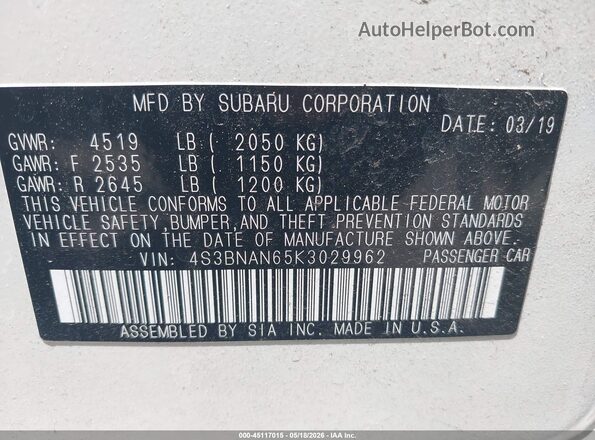 4S3BNAN65K3029962 2019 SUBARU LEGACY Белый Вид подкапотного пространства