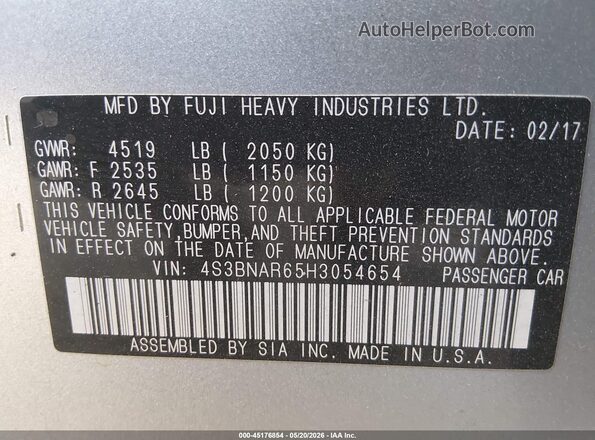 4S3BNAR65H3054654 2017 SUBARU LEGACY Silver Vista del compartimento del motor