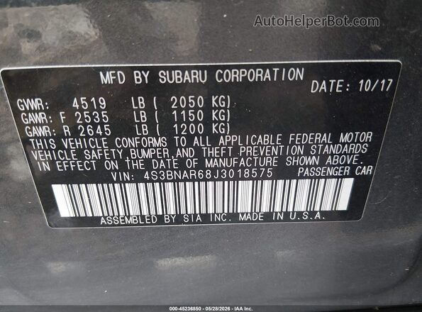 4S3BNAR68J3018575 2018 SUBARU LEGACY Gray Вид підкапотного простору