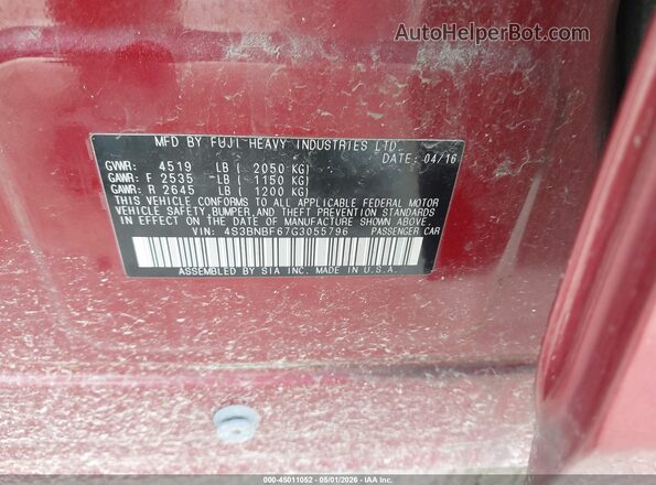 4S3BNBF67G3055796 2016 SUBARU LEGACY Maroon Engine compartment view