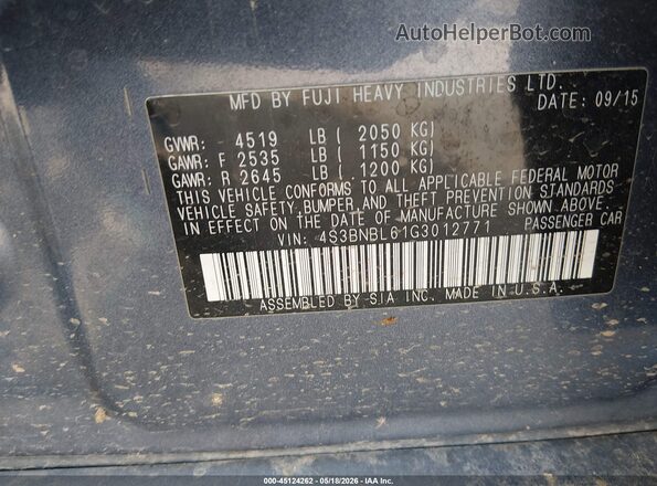 4S3BNBL61G3012771 2016 SUBARU LEGACY Blue Widok komory silnika