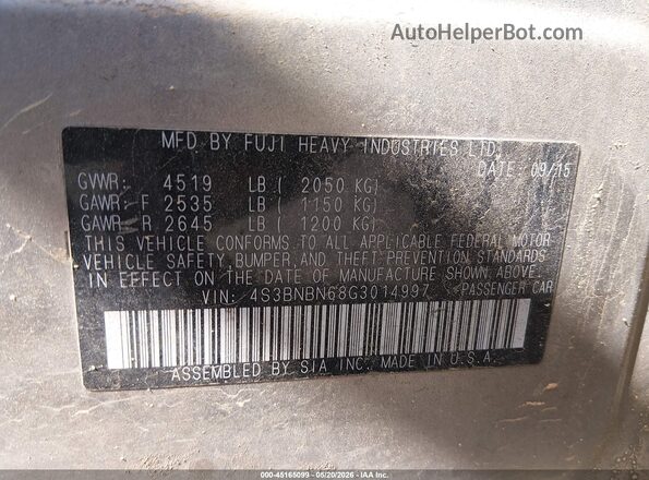4S3BNBN68G3014997 2016 SUBARU LEGACY Серебряный Вид подкапотного пространства