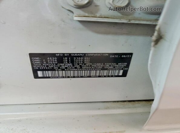 4S3BWAB68N3006486 2022 SUBARU LEGACY White Widok komory silnika