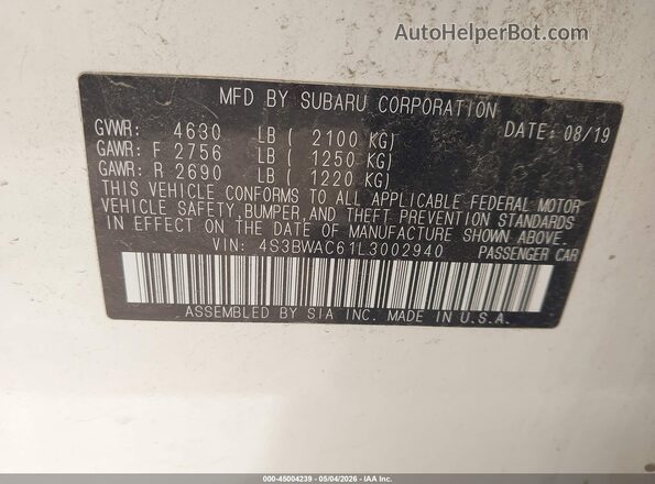 4S3BWAC61L3002940 2020 SUBARU LEGACY White Engine compartment view