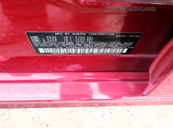 4S3BWAC63P3015498 2023 SUBARU LEGACY Red VIN კოდის სტიკერის ხედი