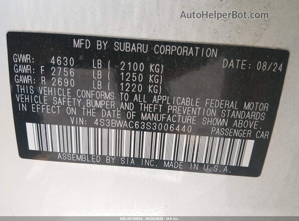 4S3BWAC63S3006440 2025 SUBARU LEGACY White ძრავის განყოფილების ხედი