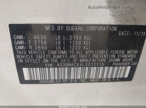 4S3BWAC64L3011115 2020 SUBARU LEGACY White ძრავის განყოფილების ხედი