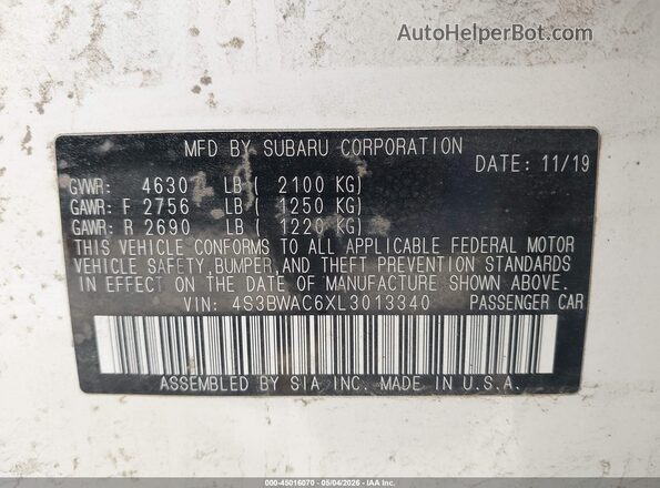 4S3BWAC6XL3013340 2020 SUBARU LEGACY White 