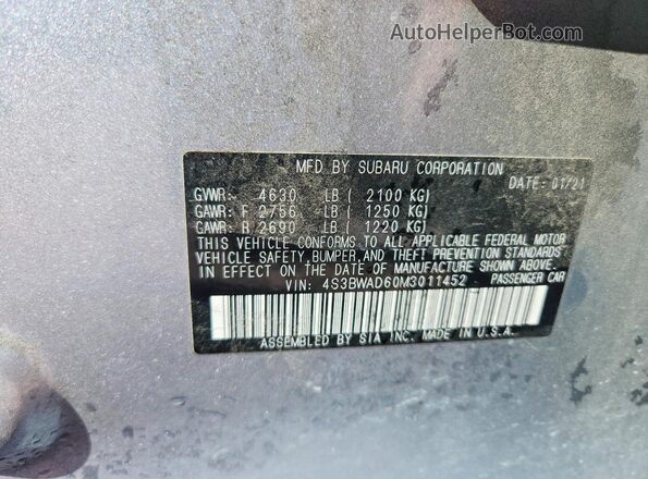 4S3BWAD60M3011452 2021 SUBARU LEGACY Серебряный 