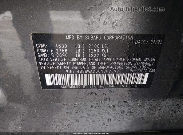 4S3BWAD60N3020993 2022 SUBARU LEGACY Gray 