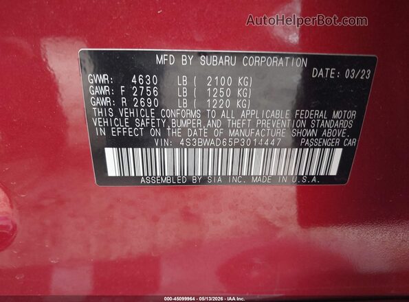 4S3BWAD65P3014447 2023 SUBARU LEGACY Red Vista del compartimento del motor