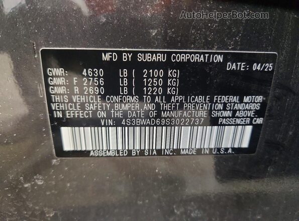 4S3BWAD69S3022737 2025 SUBARU LEGACY Gray 