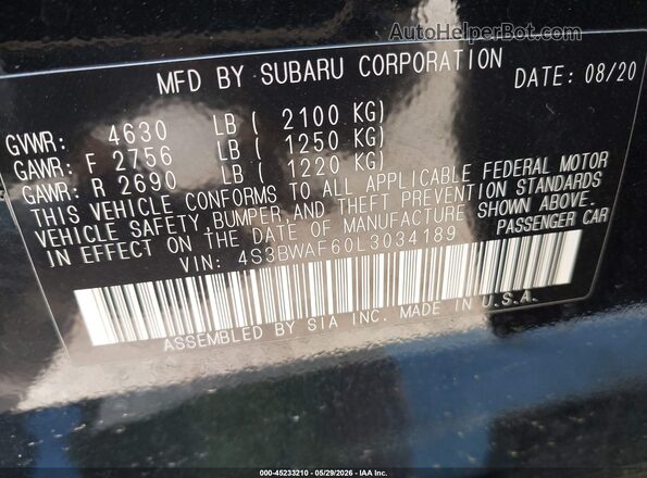 4S3BWAF60L3034189 2020 SUBARU LEGACY Black Շարժիչի բաժամունքի տեսք