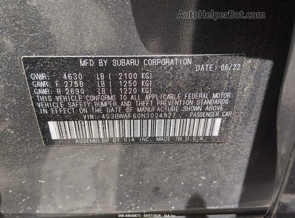 4S3BWAF60N3024927 2022 SUBARU LEGACY Gray Вид підкапотного простору