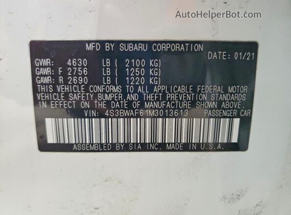 4S3BWAF61M3013613 2021 SUBARU LEGACY White 