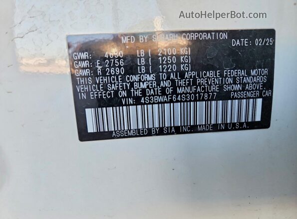 4S3BWAF64S3017877 2025 SUBARU LEGACY White Widok naklejki z numerem VIN