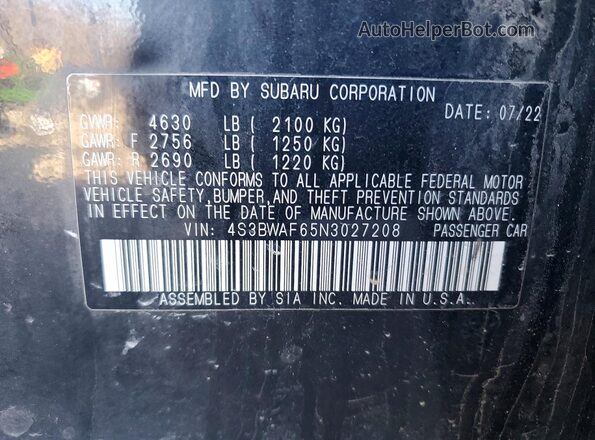 4S3BWAF65N3027208 2022 SUBARU LEGACY Black 