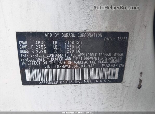 4S3BWAF66N3011938 2022 SUBARU LEGACY White Engine compartment view
