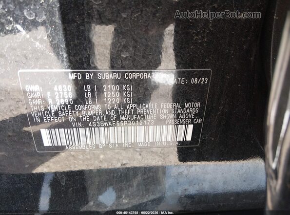 4S3BWAF66R3012173 2024 SUBARU LEGACY Black Engine compartment view