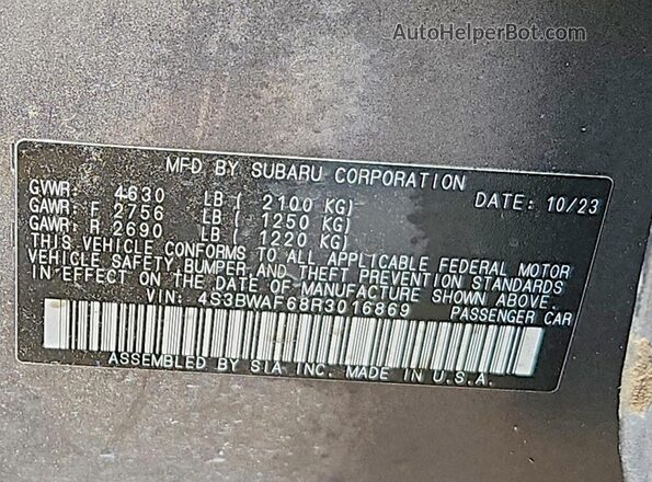 4S3BWAF68R3016869 2024 SUBARU LEGACY Серый Вид наклейки с VIN-кодом