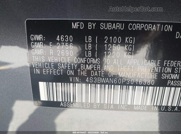 4S3BWAN60P3016380 2023 SUBARU LEGACY Gray 