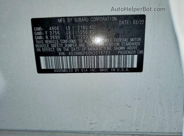 4S3BWGP66N3018793 2022 SUBARU LEGACY White 