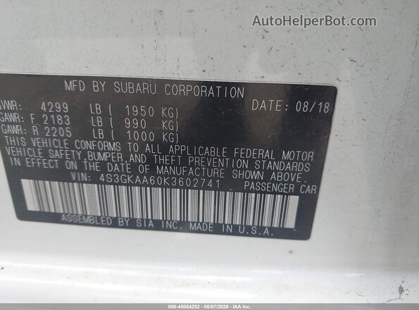 4S3GKAA60K3602741 2019 SUBARU IMPREZA White ძრავის განყოფილების ხედი