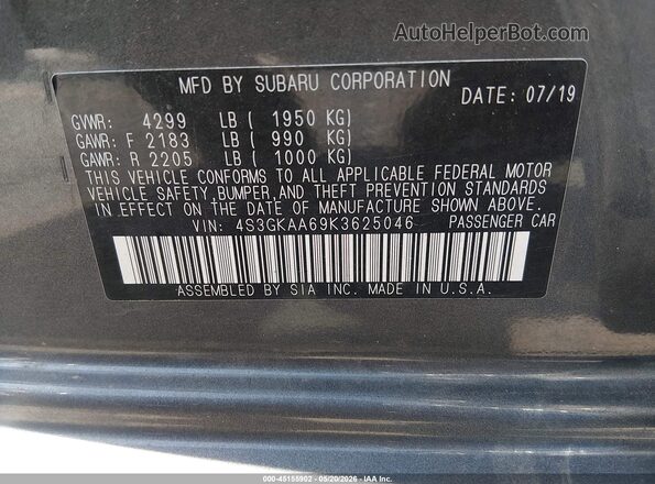 4S3GKAA69K3625046 2019 SUBARU IMPREZA Gray Вид підкапотного простору