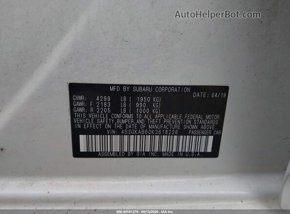 4S3GKAB60K3618226 2019 SUBARU IMPREZA White Widok komory silnika