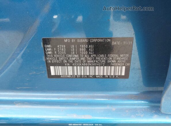 4S3GKAB60N3604072 2022 SUBARU IMPREZA Blue 