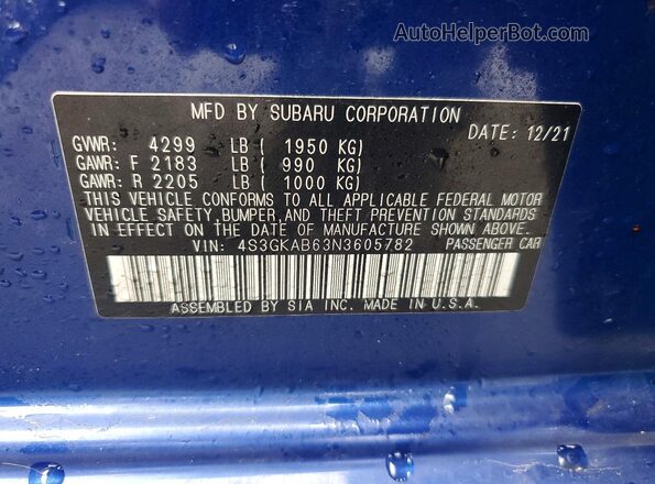 4S3GKAB63N3605782 2022 SUBARU IMPREZA Blue Widok komory silnika
