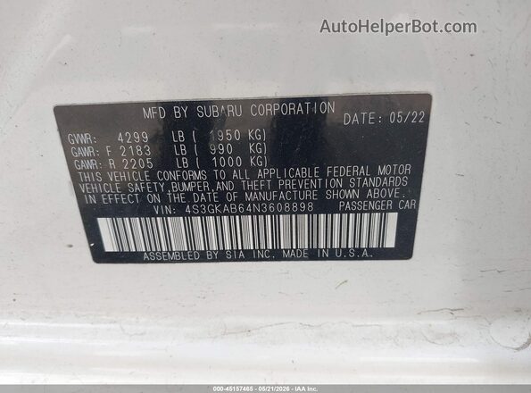 4S3GKAB64N3608898 2022 SUBARU IMPREZA White Engine compartment view