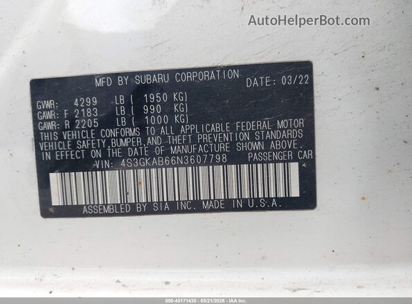 4S3GKAB66N3607798 2022 SUBARU IMPREZA White 