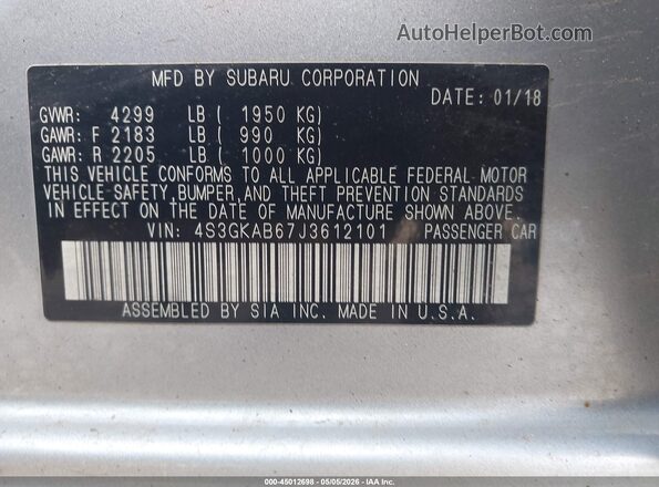 4S3GKAB67J3612101 2018 SUBARU IMPREZA Silver 