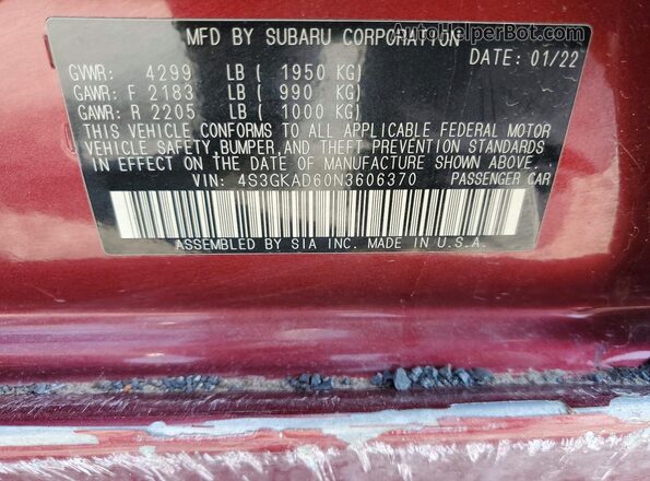 4S3GKAD60N3606370 2022 SUBARU IMPREZA Red Vista del compartimento del motor