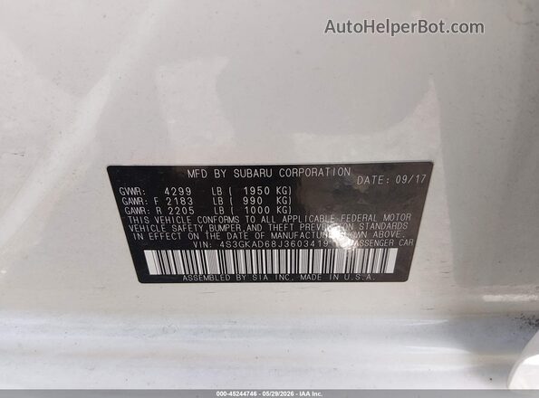 4S3GKAD68J3603419 2018 SUBARU IMPREZA White ძრავის განყოფილების ხედი