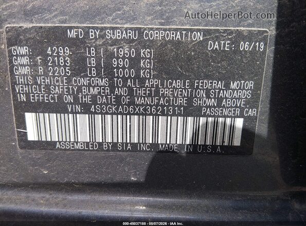 4S3GKAD6XK3621311 2019 SUBARU IMPREZA Gray Вид підкапотного простору
