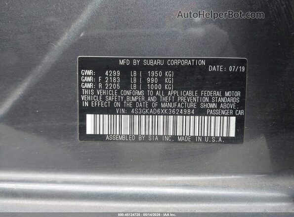 4S3GKAD6XK3624984 2019 SUBARU IMPREZA Gray Вид підкапотного простору