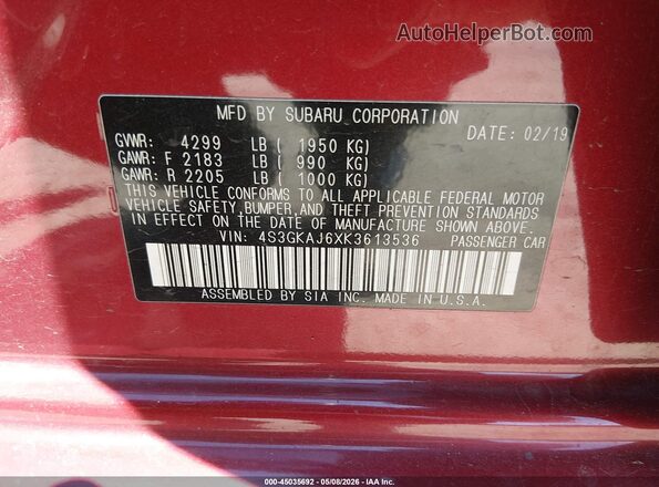 4S3GKAJ6XK3613536 2019 SUBARU IMPREZA Red 