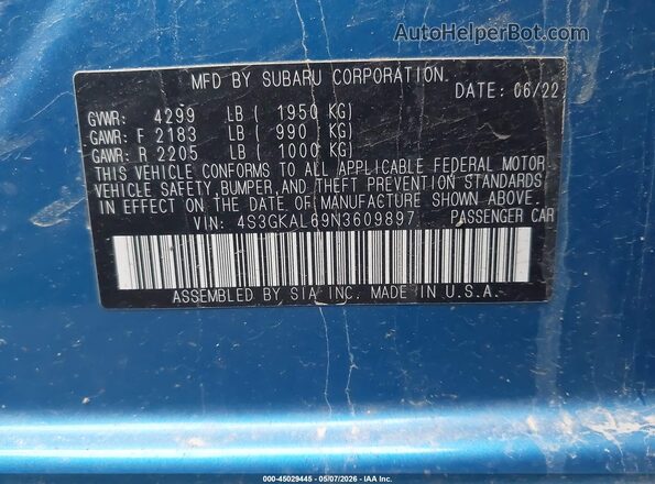 4S3GKAL69N3609897 2022 SUBARU IMPREZA Blue Շարժիչի բաժամունքի տեսք